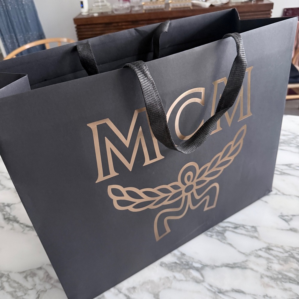 MCM Large Black Paper Shopping Bag Gold Logo Ribbon Handles 20.5x16x8" - Picture 2 of 5